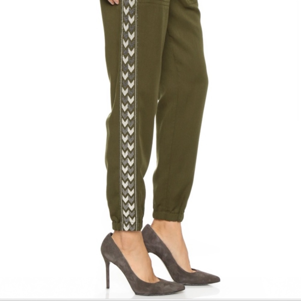Rebecca Taylor Olive Green Track Pants with Patterned Side Stripe